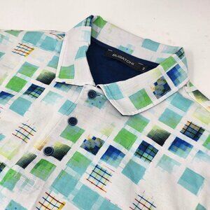 Bugatchi Blue / Green Geometric Pattern Men's Short Sleeve Polo Shirt Medium M